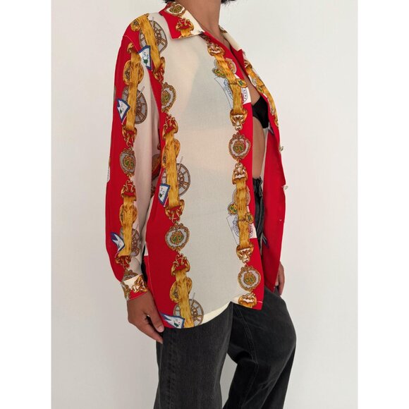 90s vintage red baroque nautical print collared sheer button up blouse shirt - Picture 7 of 10